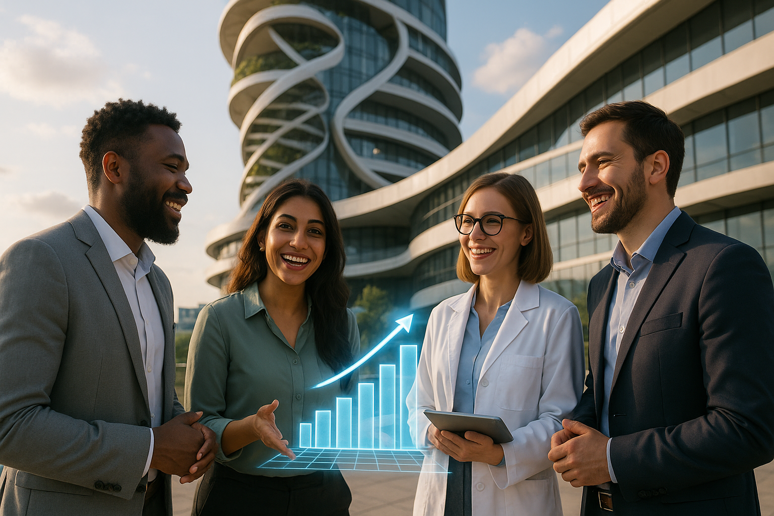Equipo celebrando resultados con un gráfico futurista